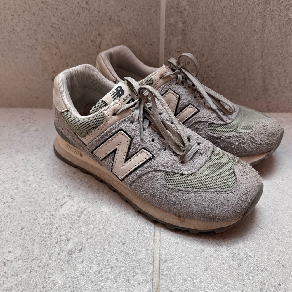 New Balance 574 Olive and Gray sneakers with suede trim